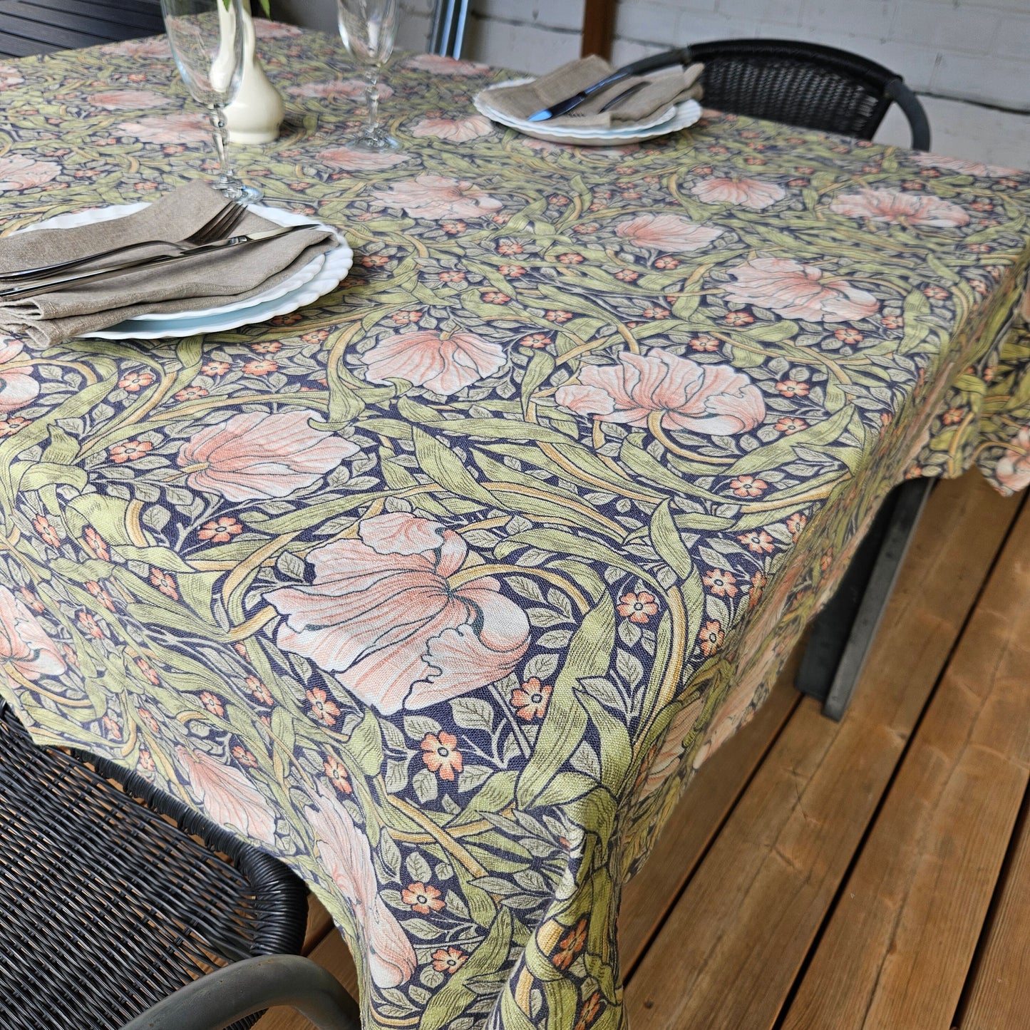 Linen foral tablecloth with birds, william Morris pimpernel tablecloth, arts and crafts movement tablecloth Victorian style