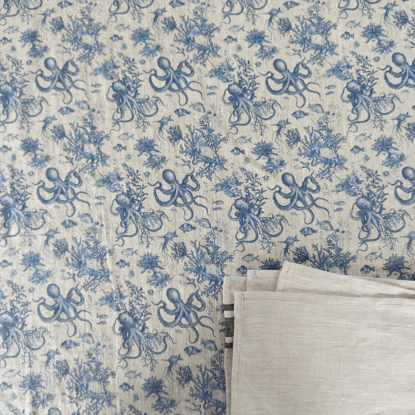 100% Linen tablecloth Blue Coastal with octopus print - French Coastal Vintage table cloth - Nautical indigo Blue Toile de jouy linen