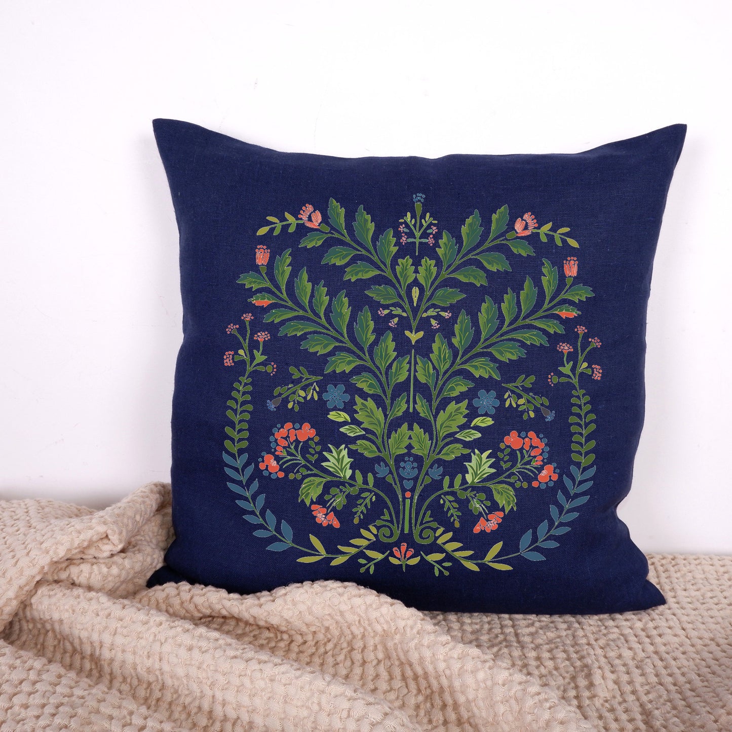 SALE LINEN Cushion cover with botanical folk art print , decorative linen pillow cover with floral print , Housewarming Gift