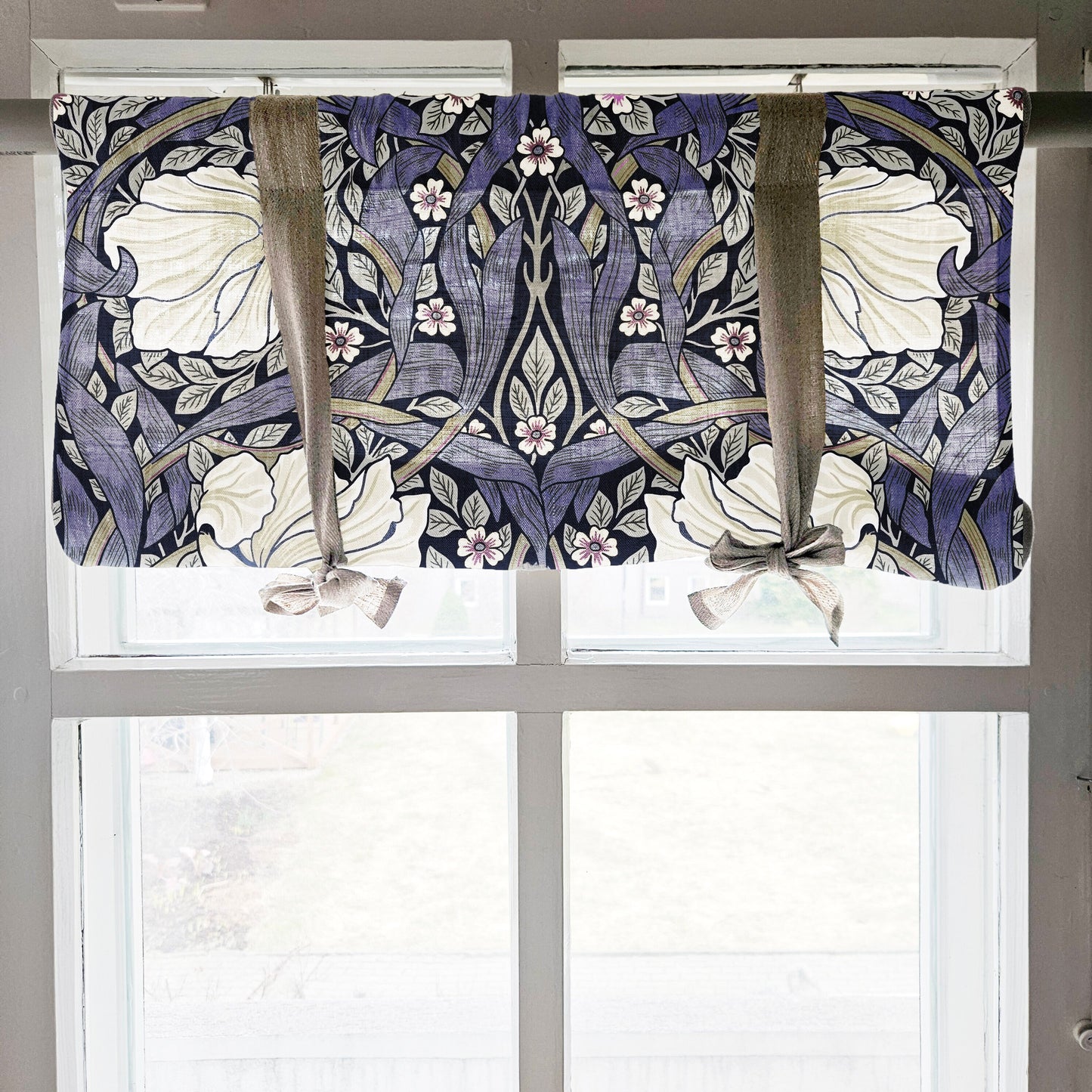Linen curtains valance with tie up William Morris Pimpernel, farmhouse kitchen curtains in natural, door curtains with ties in custom size
