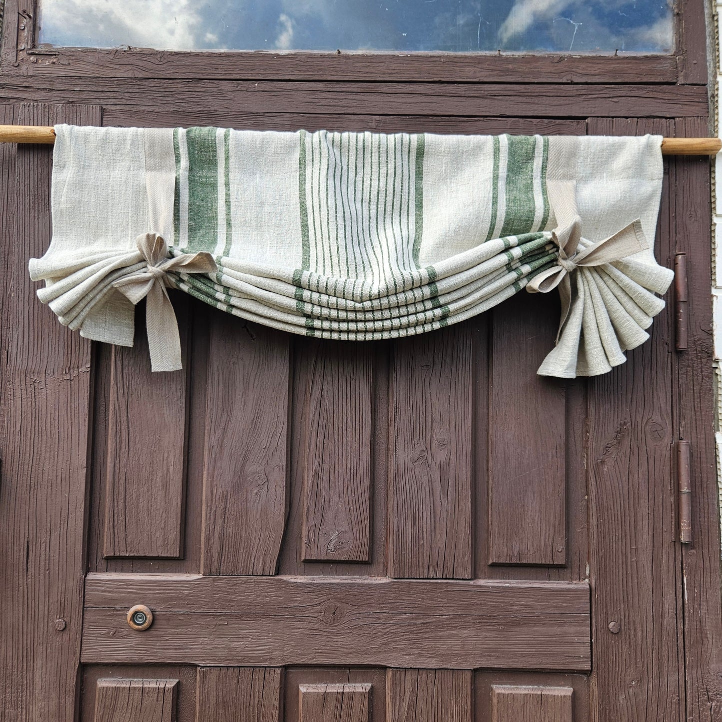 Randiga linnegardiner med band, franska lantliga köksdörrgardiner i specialstorlek