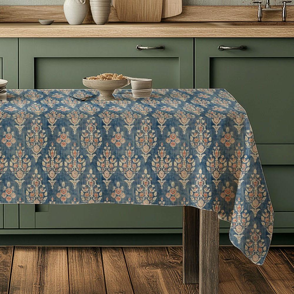 French placemat or tablecloth with Blue print - French Retro Vintage table cloth Bohemian Blue on natural linen with floral block stamp