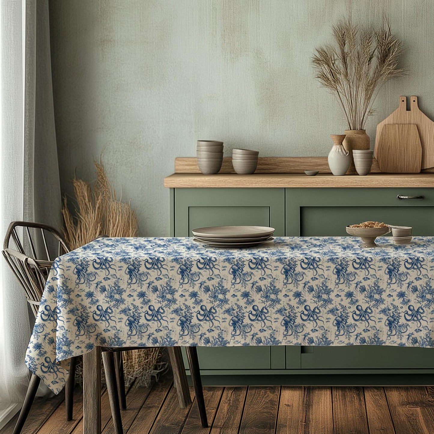 100% Linen tablecloth Blue Coastal with octopus print - French Coastal Vintage table cloth - Nautical indigo Blue Toile de jouy linen