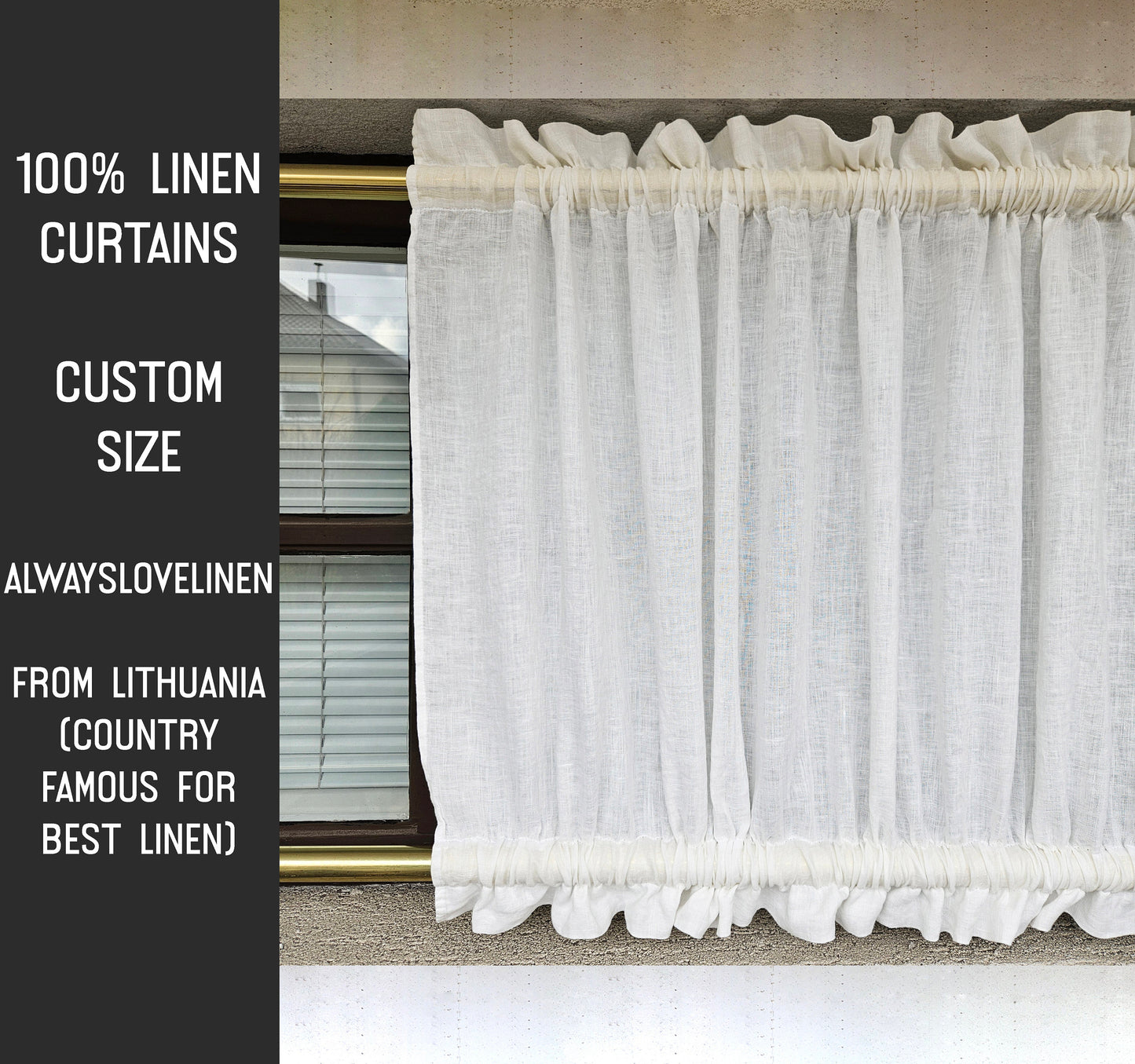 White linen Cafe Curtains in sheer linen, kitchen curtains with top and bottom rod pocket Farmhous window panel, window curtain custom size