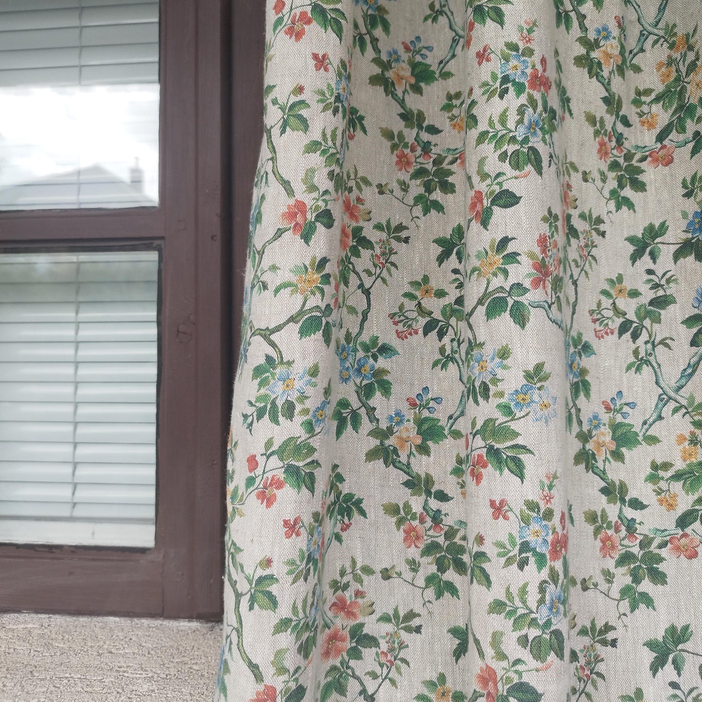 Curtains 100% Linen with botanical red green toile de jouy print PREWASHED. kitchen Living room farmhouse linen window panel