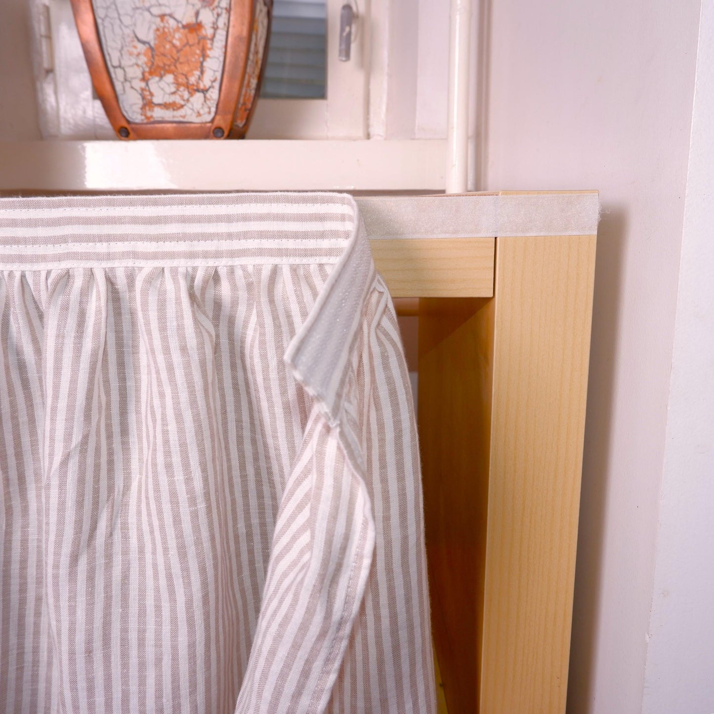 Custom Sink Skirt with velcro in stripe blue white - Handmade Fireplace Curtain - Custom Sizes Linen Valance farmhouse sink curtains