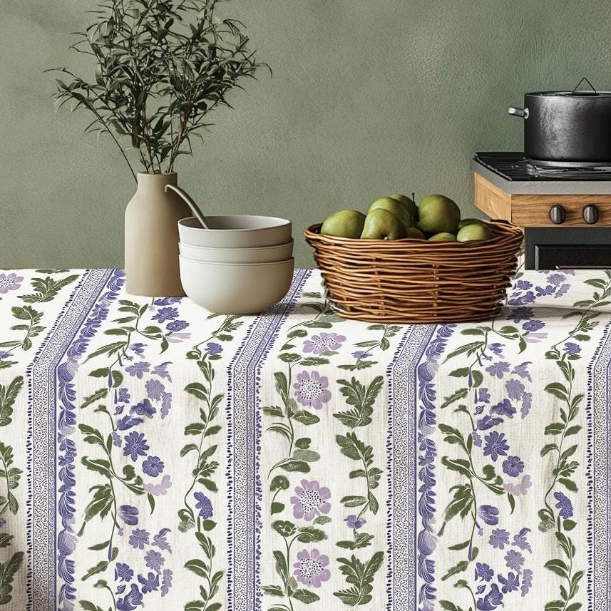 100% Linen tablecloth Heritage floral stripe print PREWASHED - table cloth rustic rectangle square oval - country Sack weave linen flax