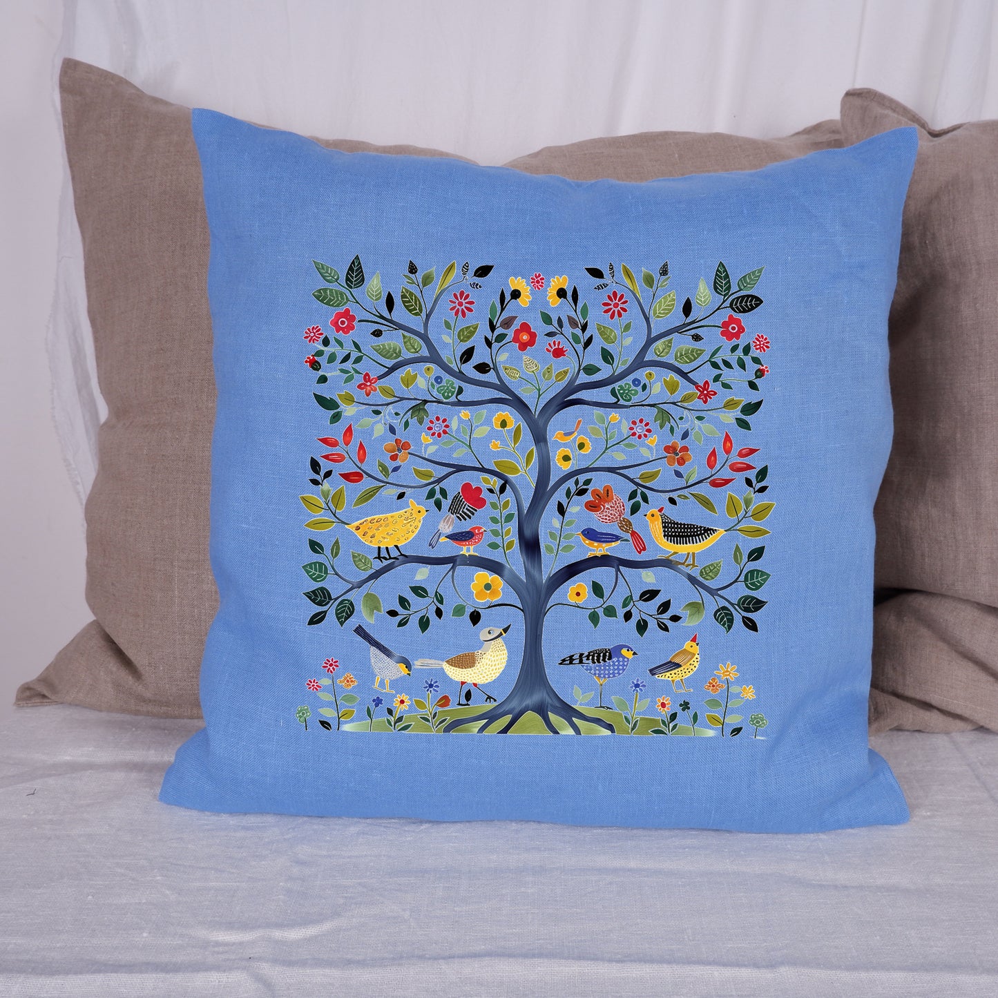 SALE LINEN Cushion cover Nordic folk art , decorative linen pillow cover , Floral Summer Woodland decor Cushion Housewarming Gift,