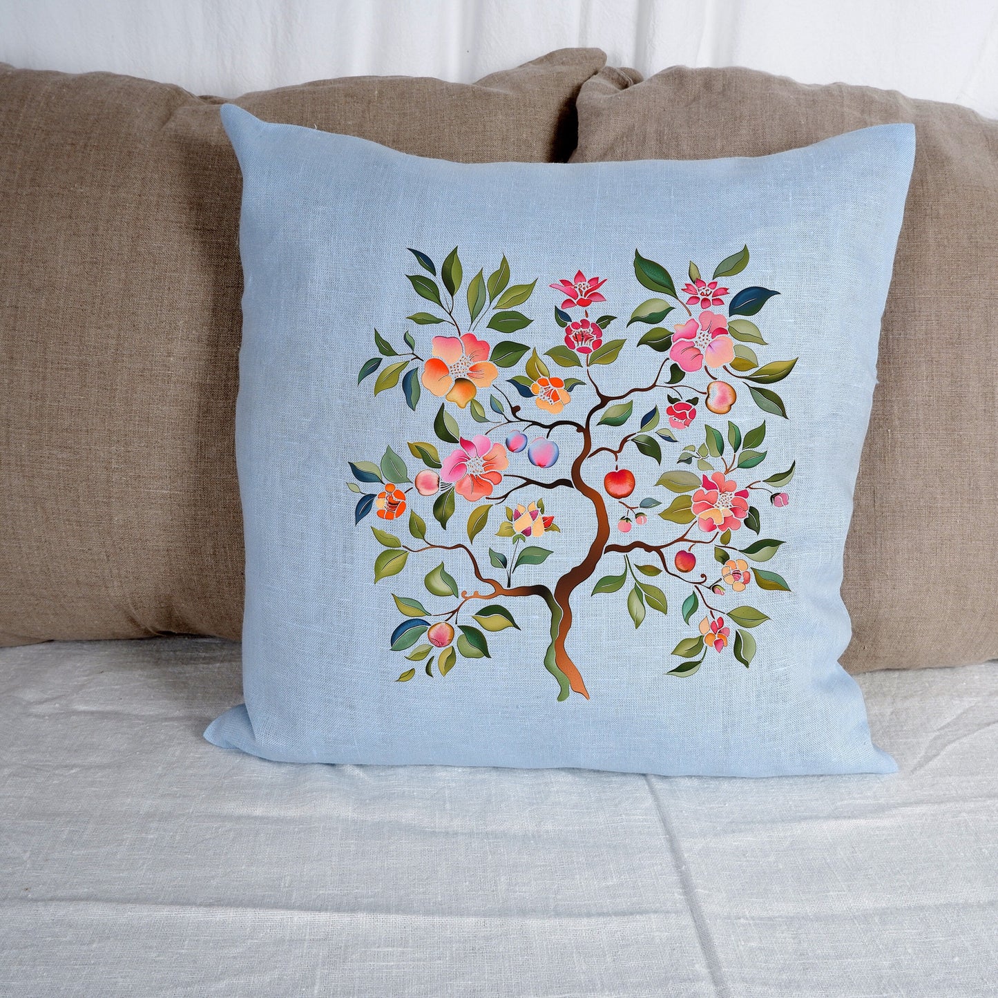 SALE LINEN Cushion cover Nordic folk art in beige, decorative linen pillow cover , Floral Summer Woodland Cushion Housewarming Gift