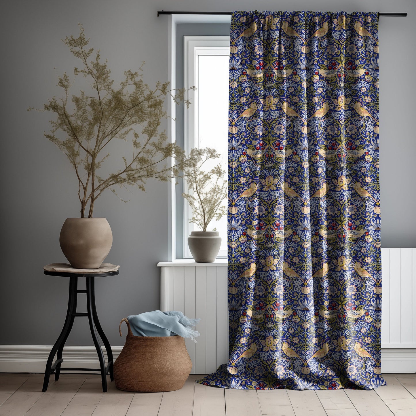 William Morris Curtain Panel Strawberry Thief, Floral with birds and strawberries Print Pattern Curtain Panels, Curtains for living room