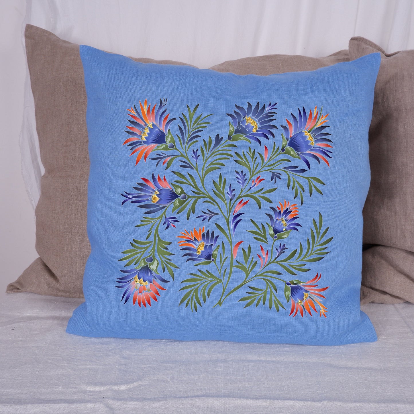 SALE LINEN Cushion cover with botanical print , decorative linen pillow cover with folk art print , Floral Housewarming Gift
