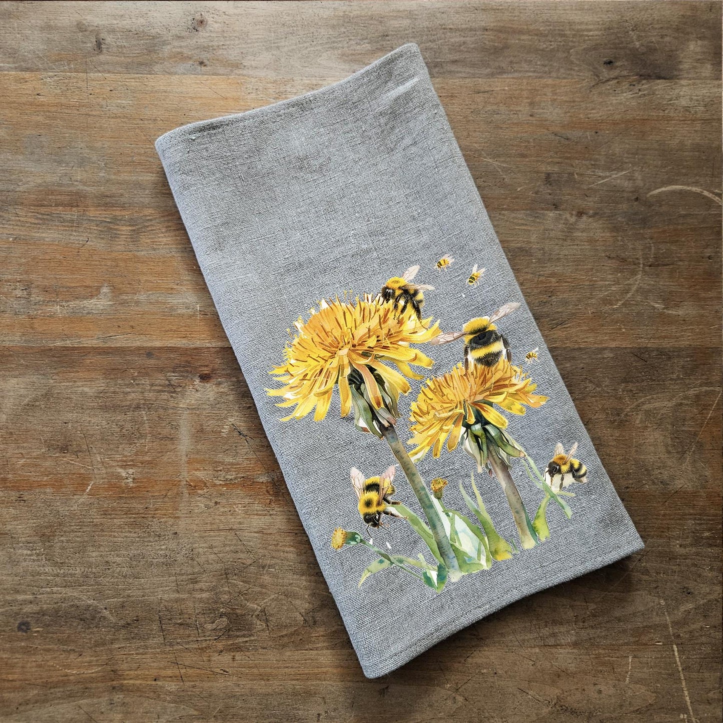 Dandelion Bumble Tea Towel in linen, floral Hand Towels Tea in linen, linen Dish Towel Kitchen Décor Tea Towel Flora Fauna yellow flower bee