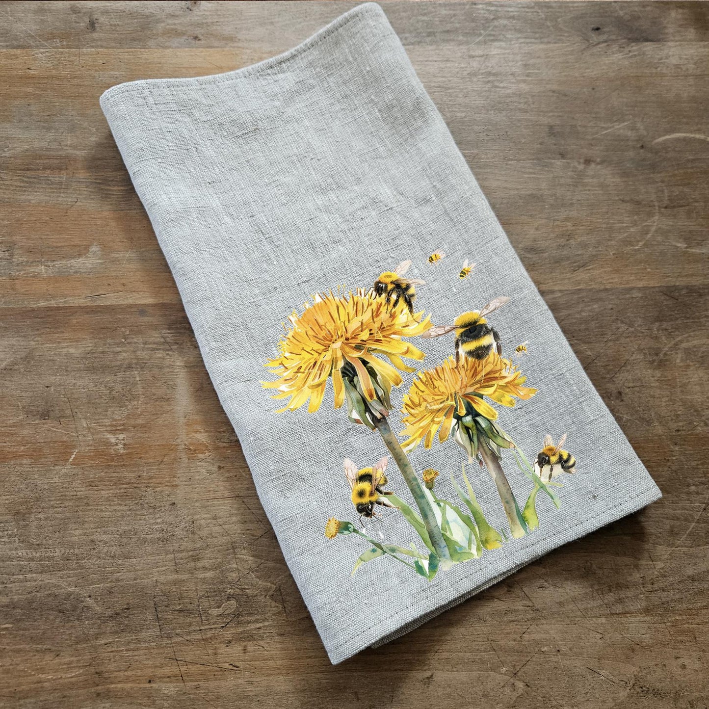 Dandelion Bumble Tea Towel in linen, floral Hand Towels Tea in linen, linen Dish Towel Kitchen Décor Tea Towel Flora Fauna yellow flower bee