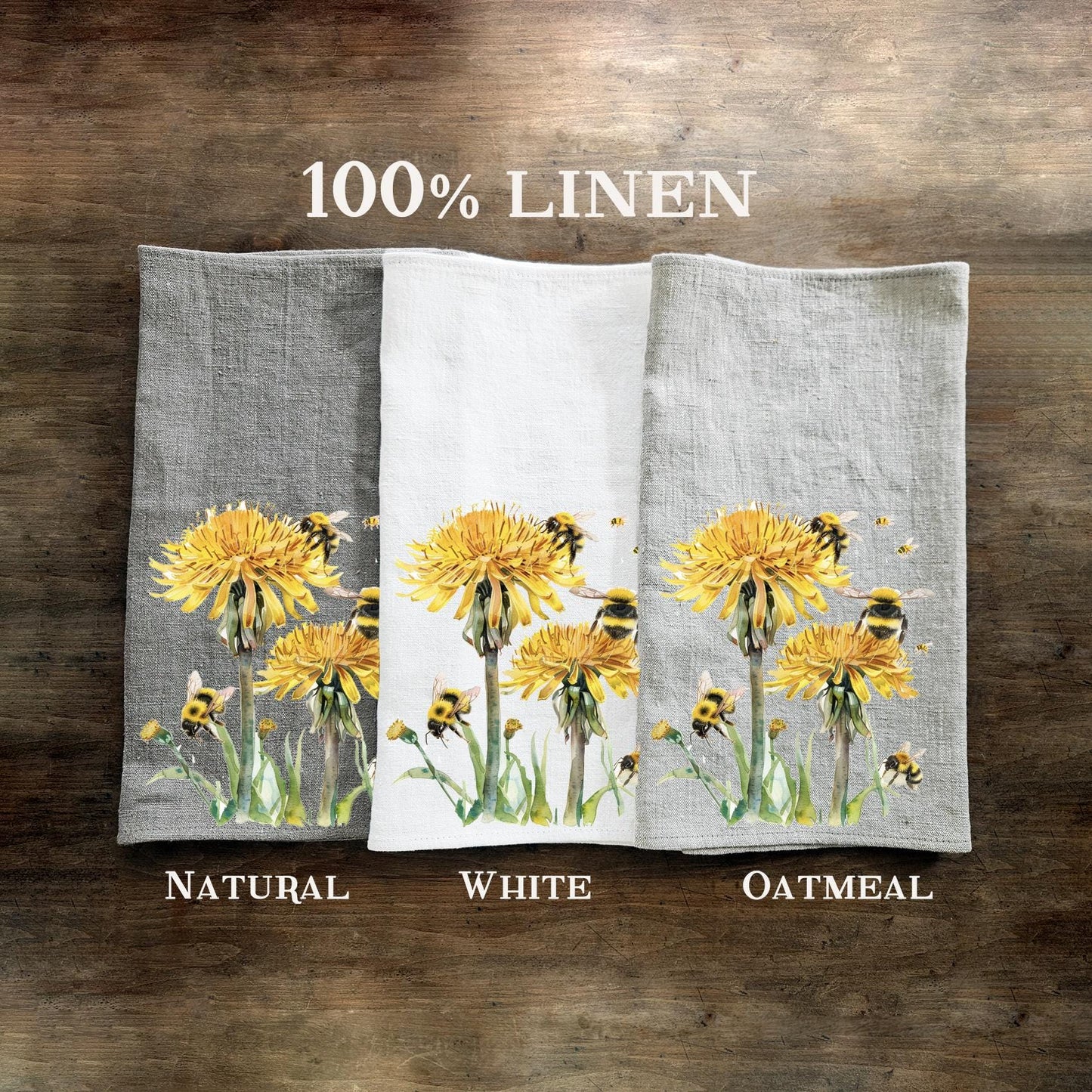 Dandelion Bumble Tea Towel in linen, floral Hand Towels Tea in linen, linen Dish Towel Kitchen Décor Tea Towel Flora Fauna yellow flower bee