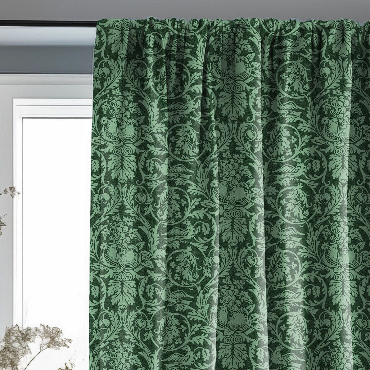 William Morris Curtain Panel queen Anne, Floral Botanical Green Print Curtain Panels, Curtains for living room