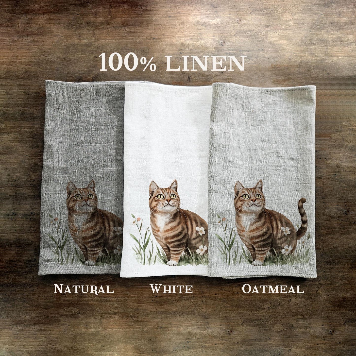 Cat in meadow kitchen Towel in linen - Tabby cat kawaii Hand Tea towels - Farmhouse Floral Dish Décor Kitchen Towel