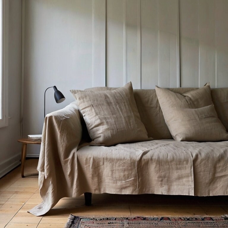 Linen Couch Cover Extra Large, Linen couch throw in custom size, Natural sofa cover, Sectional Big bed cover, Sofa slip cover throw