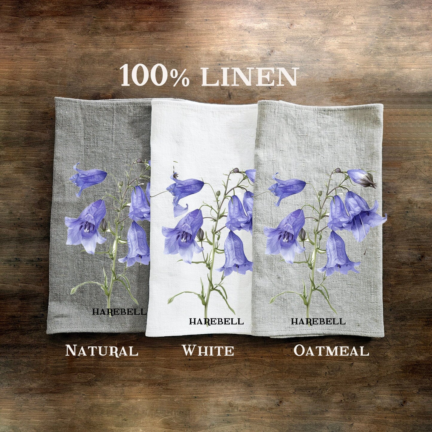 Harebell Tea Towel in linen, floral Hand Towels Tea, botanical Floral Dish Towel, purple flower Kitchen Décor Tea Towel