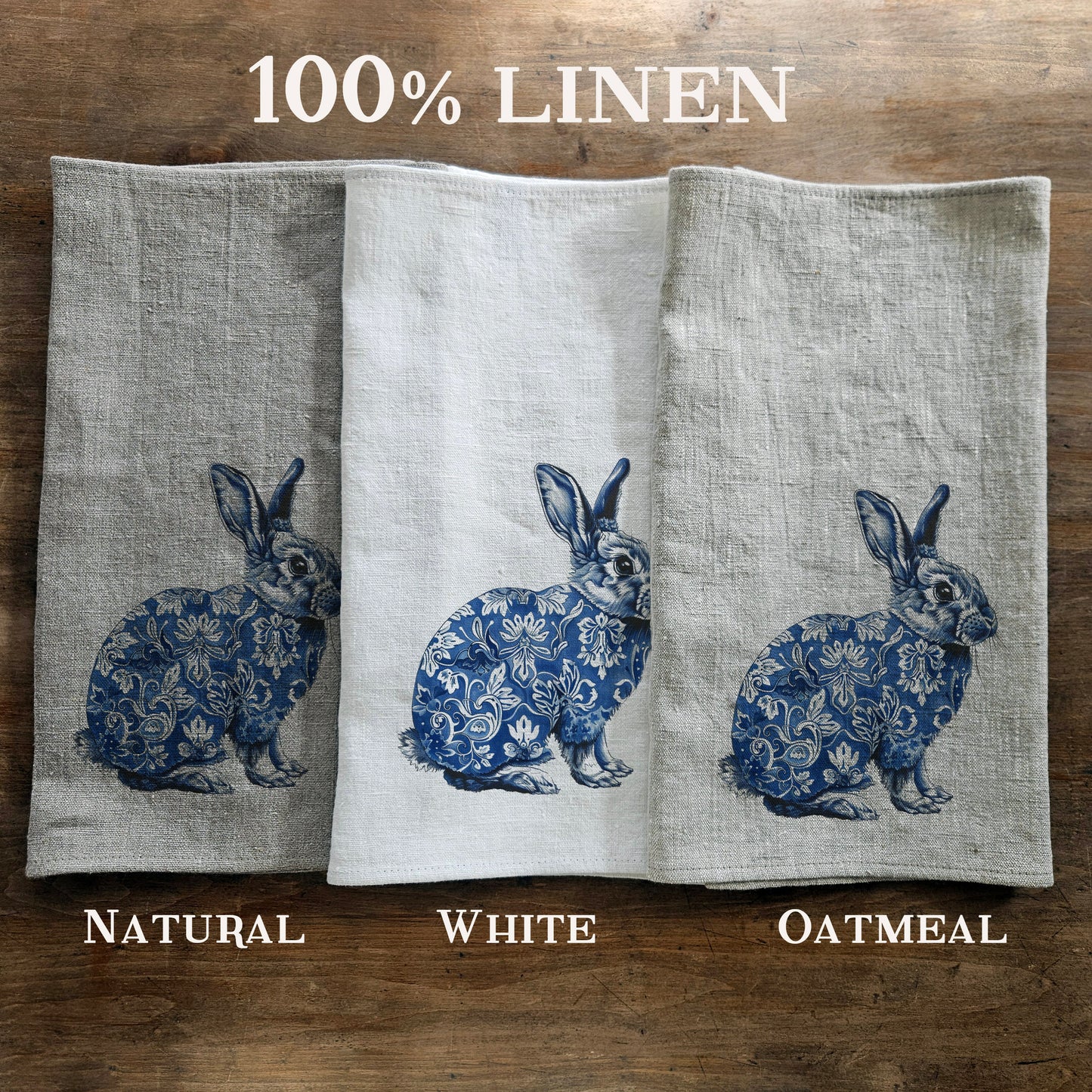 Blommig kökshandduk i linne med kaninmotiv, blommig kaninhandduk för te, diskhandduk med lantlig blommotiv, kökshandduk i österländsk stil för kök