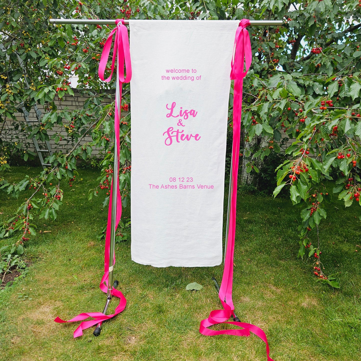 linen Wedding Welcome Sign with silk ribbons bows, custom fabric sign for party, Welcome to the wedding sign, Baby Shower Sign