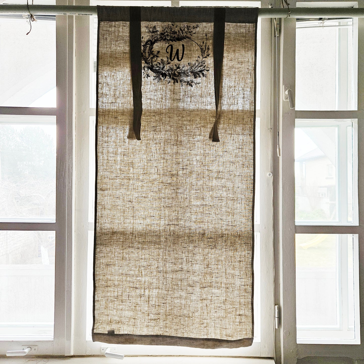 Monogramed Linen curtains valance with tie up with French Country Stamp , farmhouse kitchen curtains, door curtains in custom size