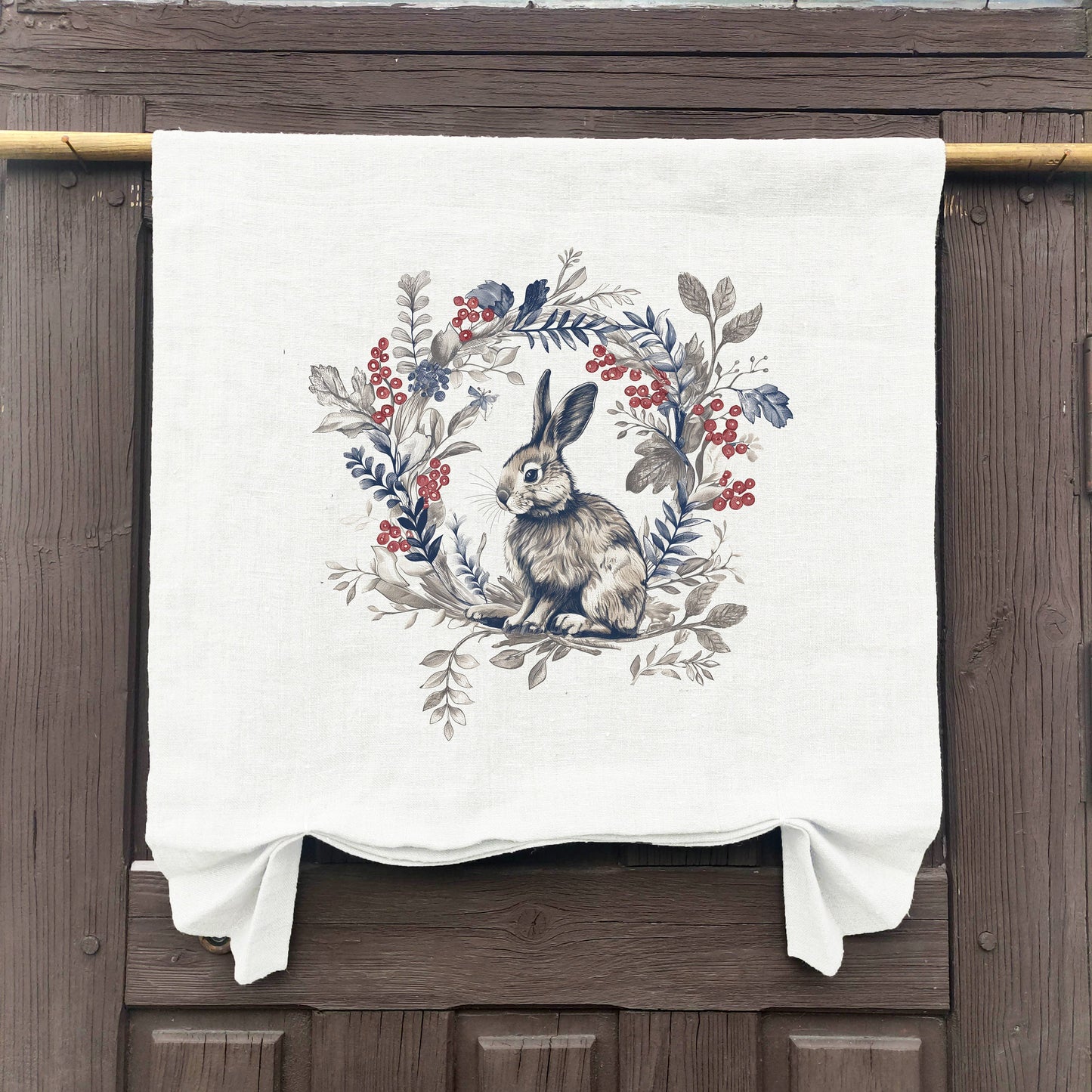 natural French Door Valance 1 Panel with bunny stamp, curtain panels for door window in linen for rustic farmhouse style