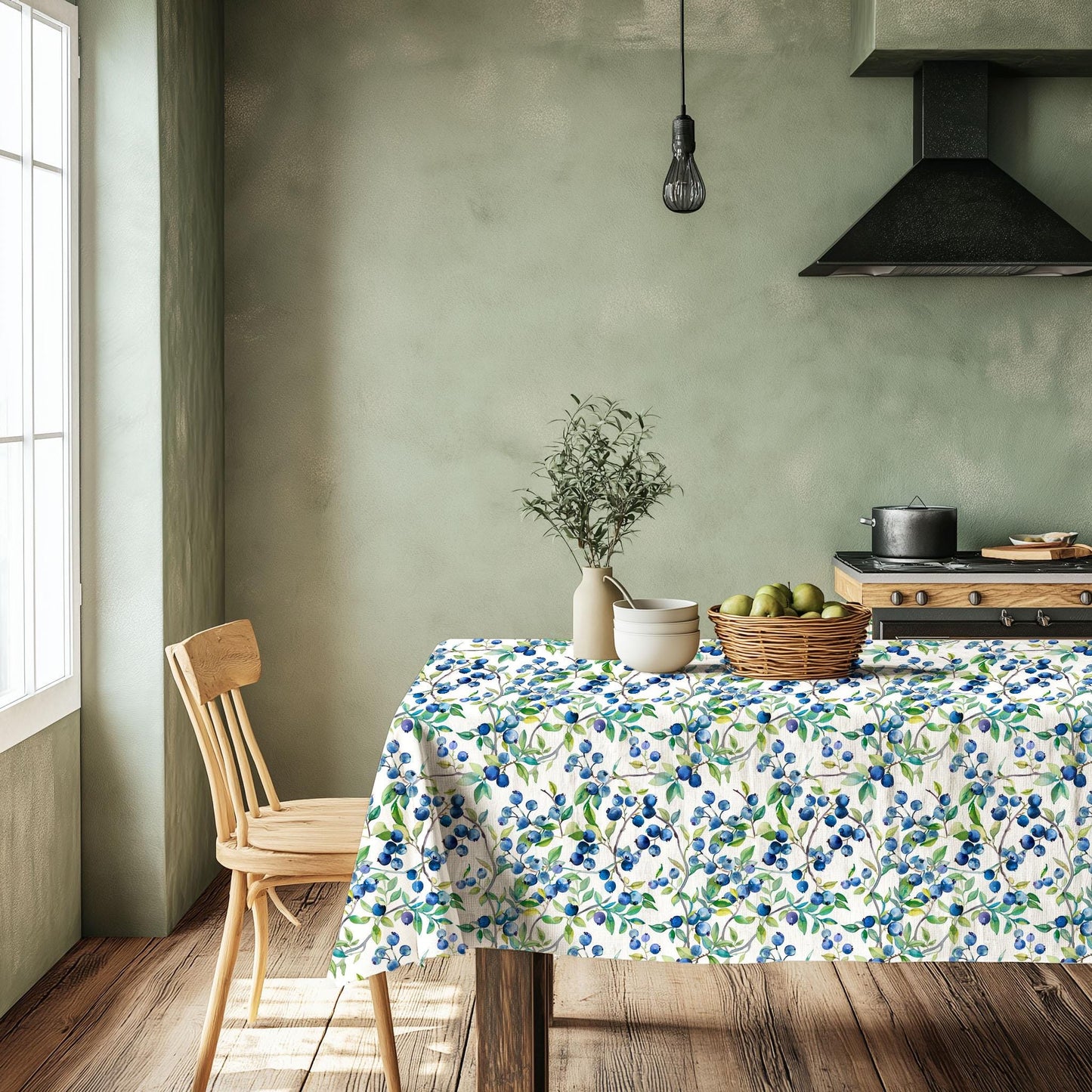 Linen foral tablecloth with blueberry print - floral tablecloth arts and crafts movement tablecloth Victorian style