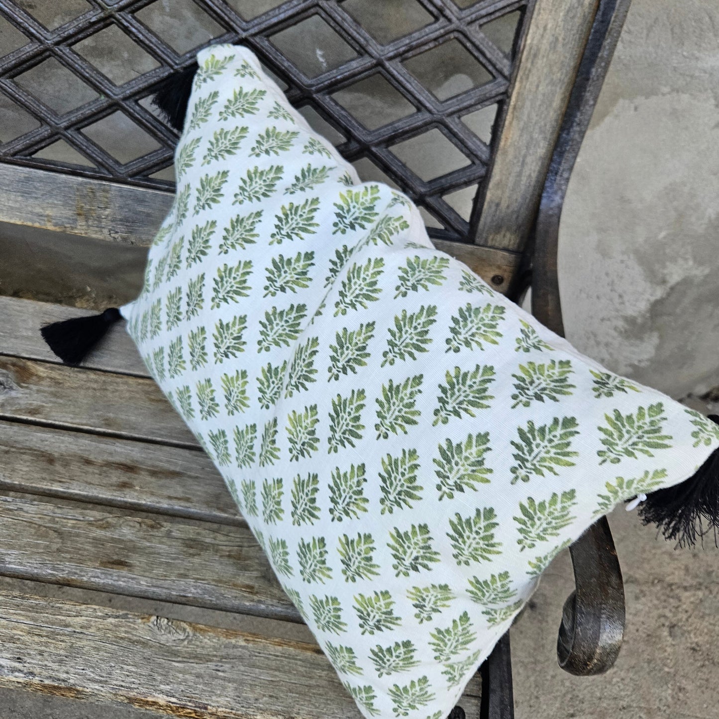 cushion with tassel Designer Olive Green Floral on Linen Pillow Cover, Dark Green Boho Pillow, Farmhouse Floral Block printed pillow