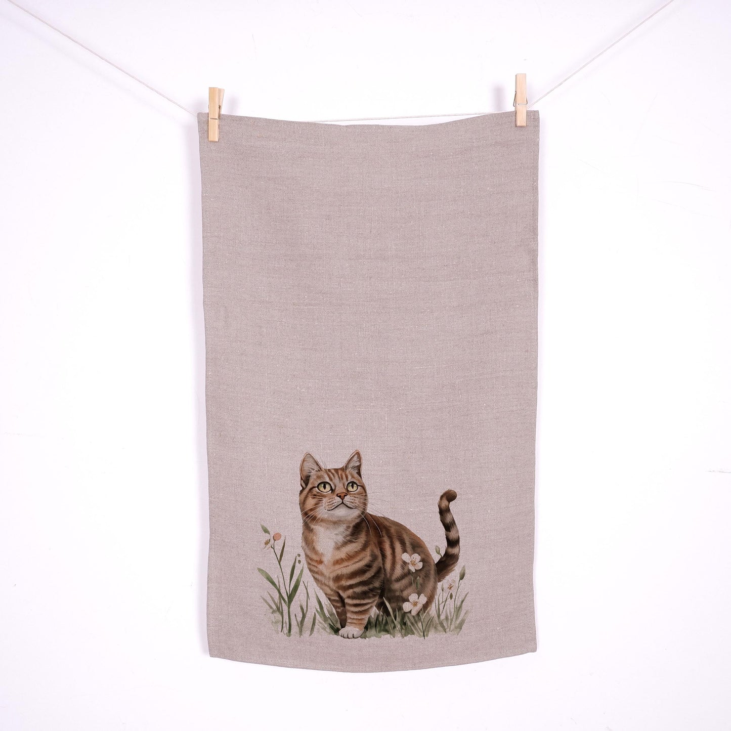 Cat in meadow kitchen Towel in linen - Tabby cat kawaii Hand Tea towels - Farmhouse Floral Dish Décor Kitchen Towel