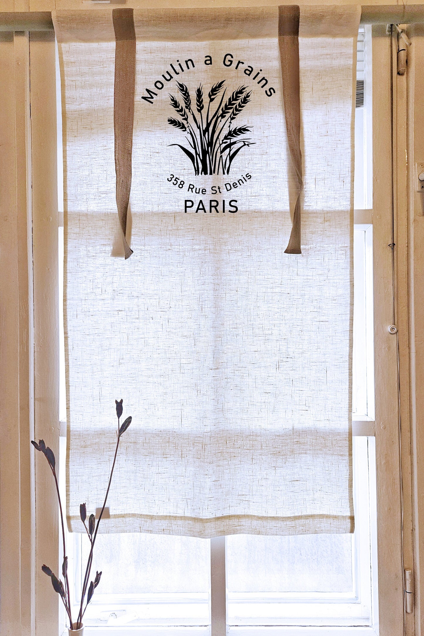 Linen curtains valance with tie up with French Country Stamp Moulin a grains, farmhouse kitchen curtains, door curtains in custom size