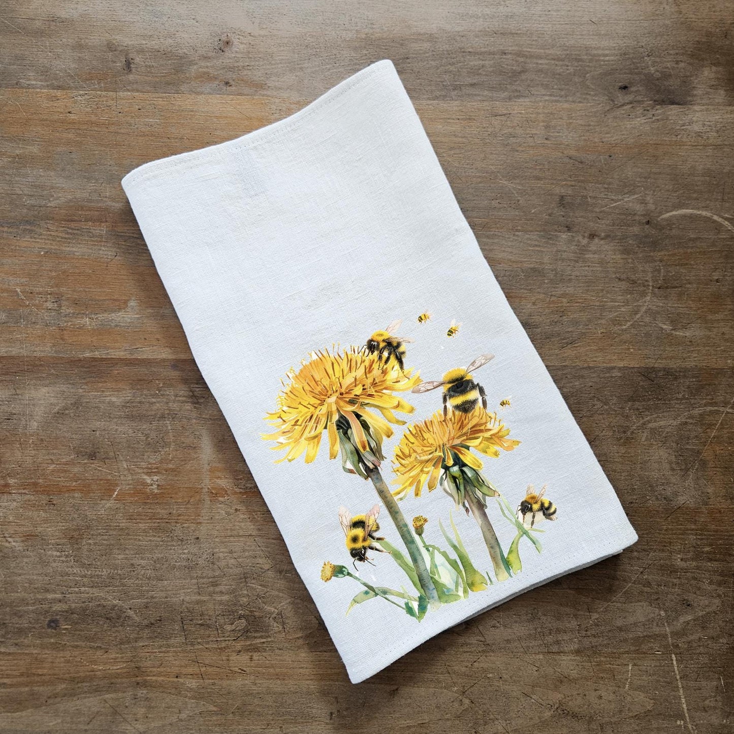 Dandelion Bumble Tea Towel in linen, floral Hand Towels Tea in linen, linen Dish Towel Kitchen Décor Tea Towel Flora Fauna yellow flower bee