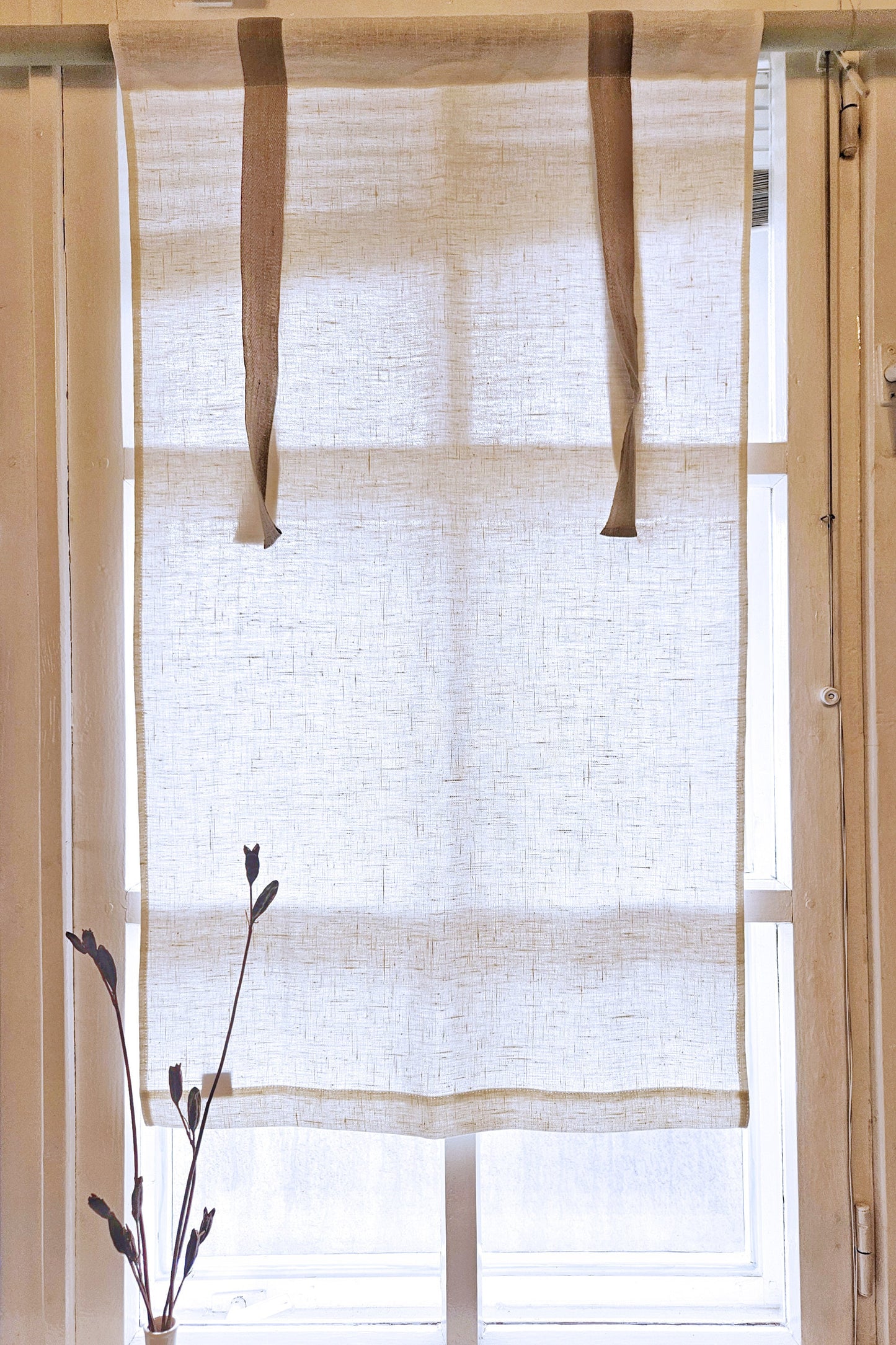 Linen curtains valance with tie up, farmhouse kitchen curtains in white with natur ties