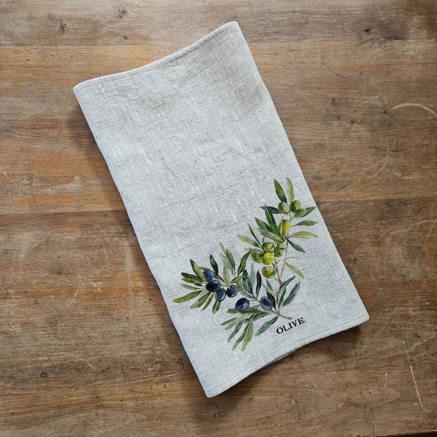 Olive Floral Tea Towel in linen, Hand Towels Tea, Farmhouse Floral Dish Towel, greenery botanical Kitchen Décor, Floral Kitchen Tea Towel