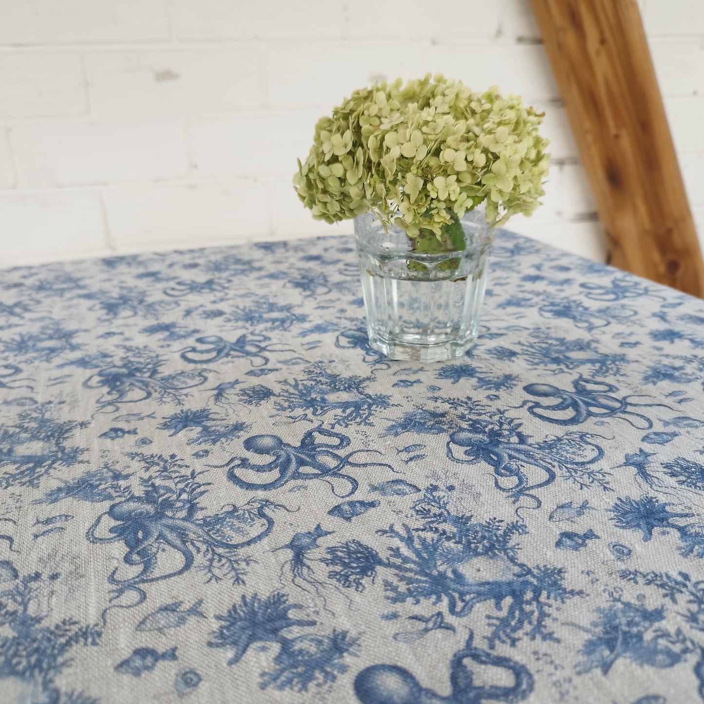100% Linen tablecloth Blue Coastal with octopus print - French Coastal Vintage table cloth - Nautical indigo Blue Toile de jouy linen