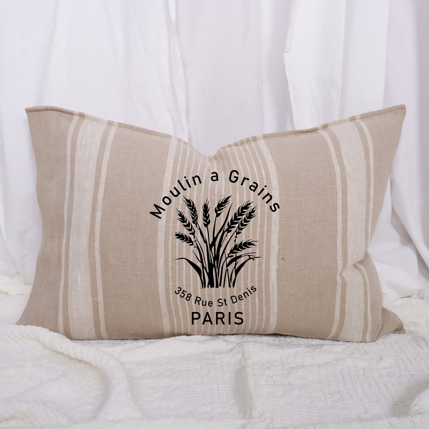 Striped linen pillowcase in french country style with Moulin a grains print, French linen Vintage Cottage Farmhouse Grainsack cushion cover
