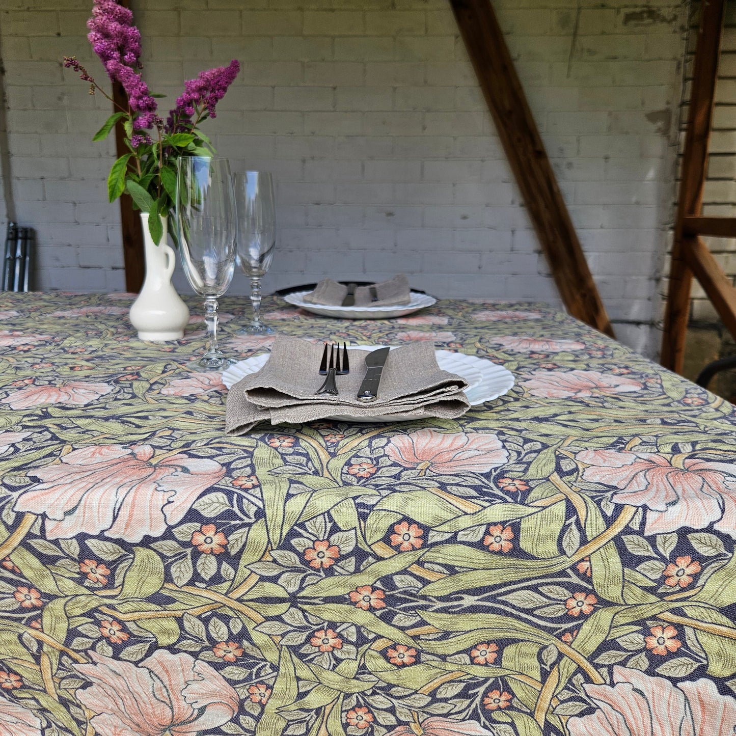 Linen foral tablecloth with birds, william Morris pimpernel tablecloth, arts and crafts movement tablecloth Victorian style