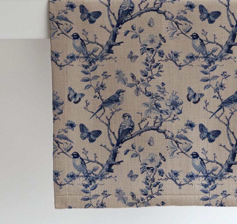 Coastal Linen runner -Toile de jouy block print natural linen - indigo blue Rustic linen Marine Cottage farmhouse country style