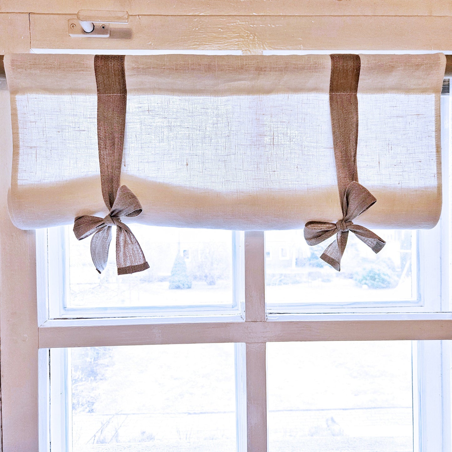Linen curtains valance with tie up, farmhouse kitchen curtains in white with natur ties