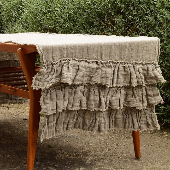 Linen runner - french sack linen. With ruffles. Natural Rustic linen Cottage farmhouse country style linen. Stonewashed. 100% linen Burlap