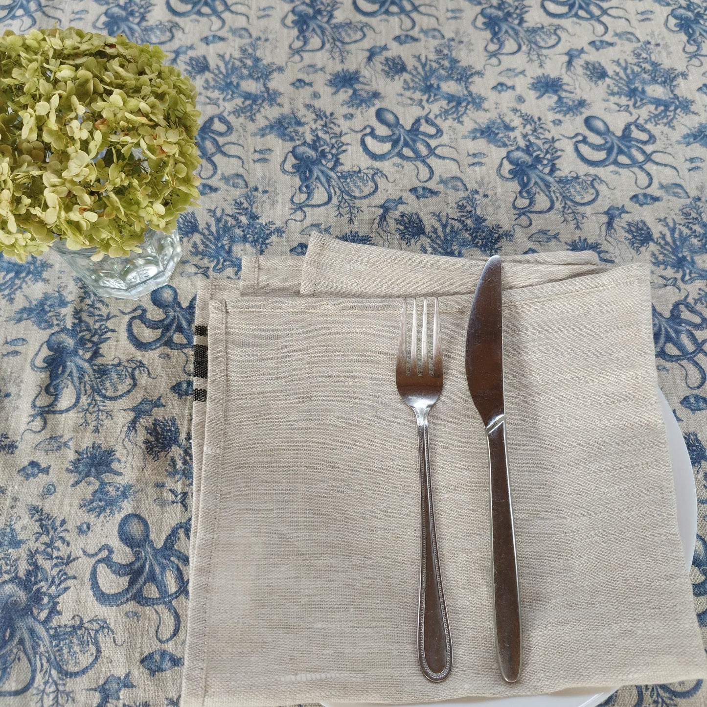 Linen foral tablecloth Blue Coastal with octopus print, French Retro Vintage table cloth Bohemian Blue on natural linen