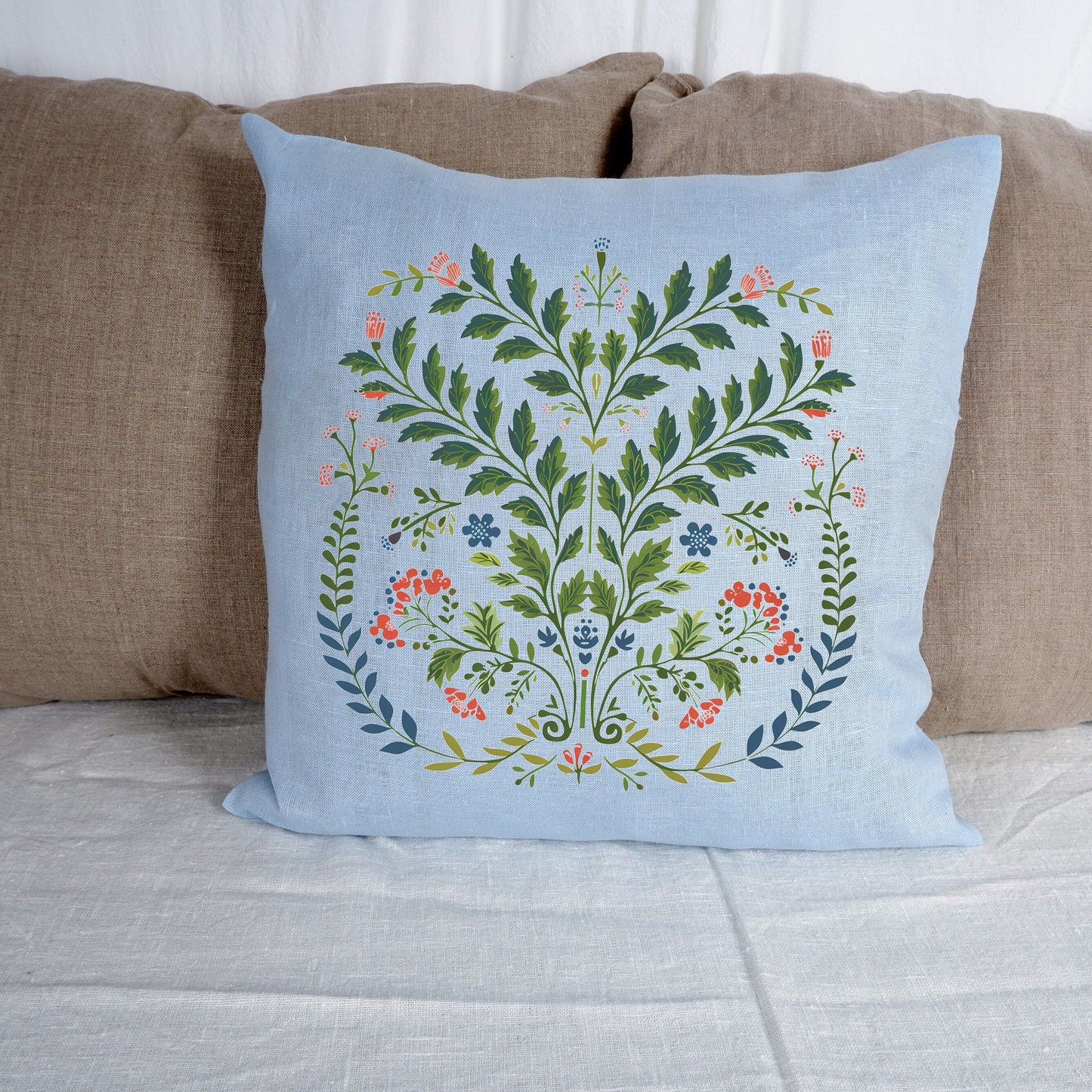 SALE LINEN Cushion cover with botanical folk art print , decorative linen pillow cover with floral print , Housewarming Gift