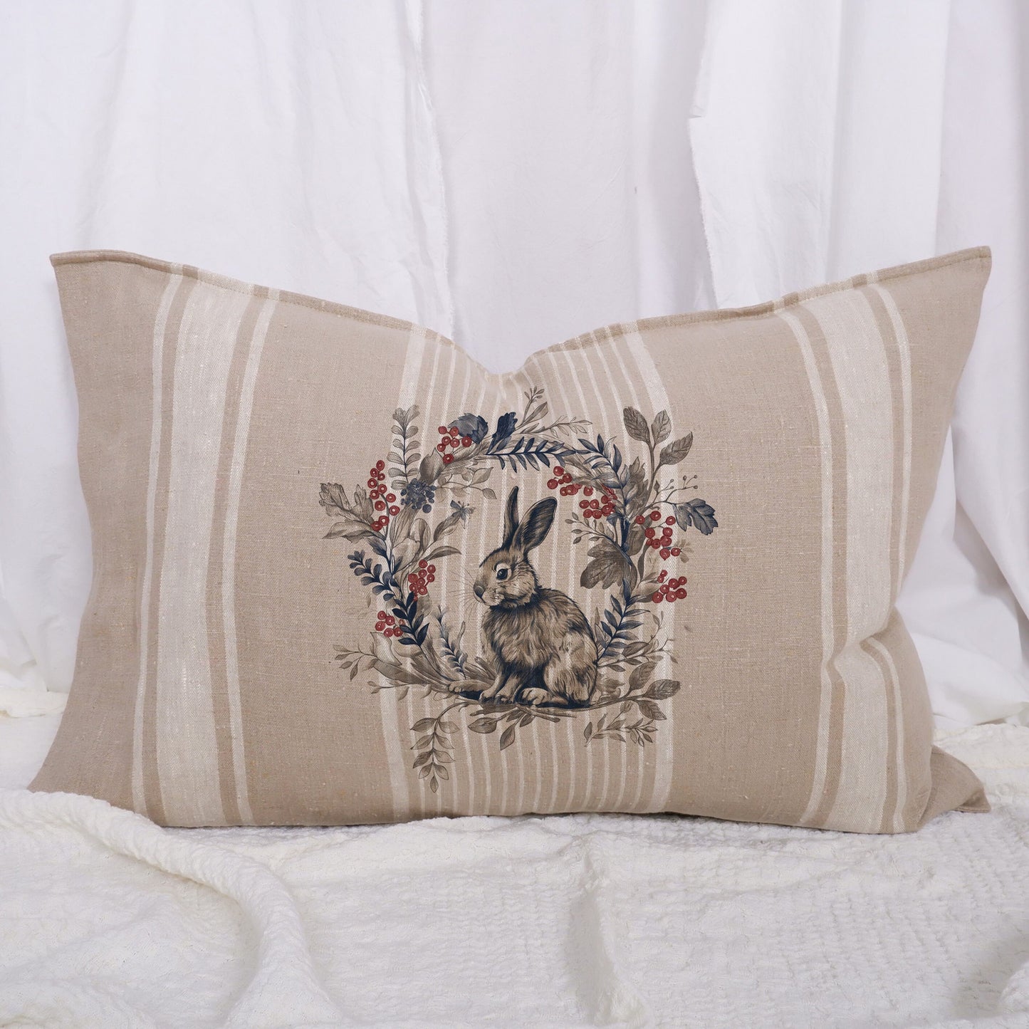 Striped linen pillowcase in french country style with rabbit and floral wreath print, French country linen cushion cover meadow flowers