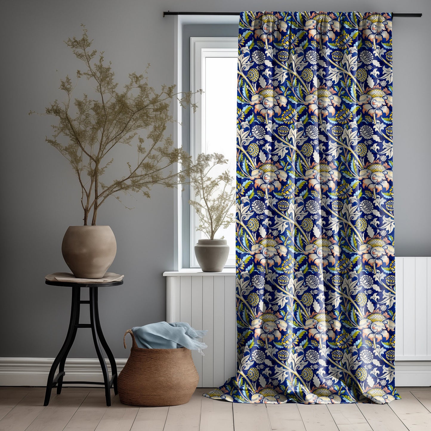 William Morris Curtain WEY, Floral Botanical Blue Print Curtain Panels, Curtains for living room