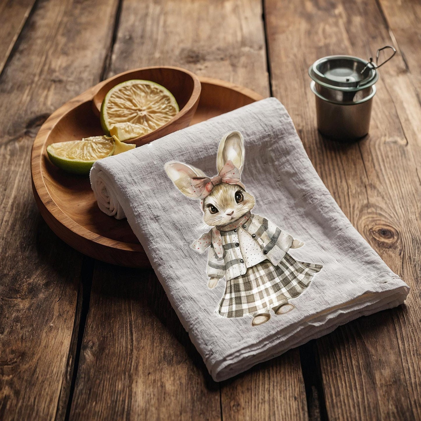 Bunny Tea Towel in linen - baby rabbit Hand Towels Tea - Farmhouse Floral Dish Towel - Kitchen Décor Easter Kitchen Tea Towel