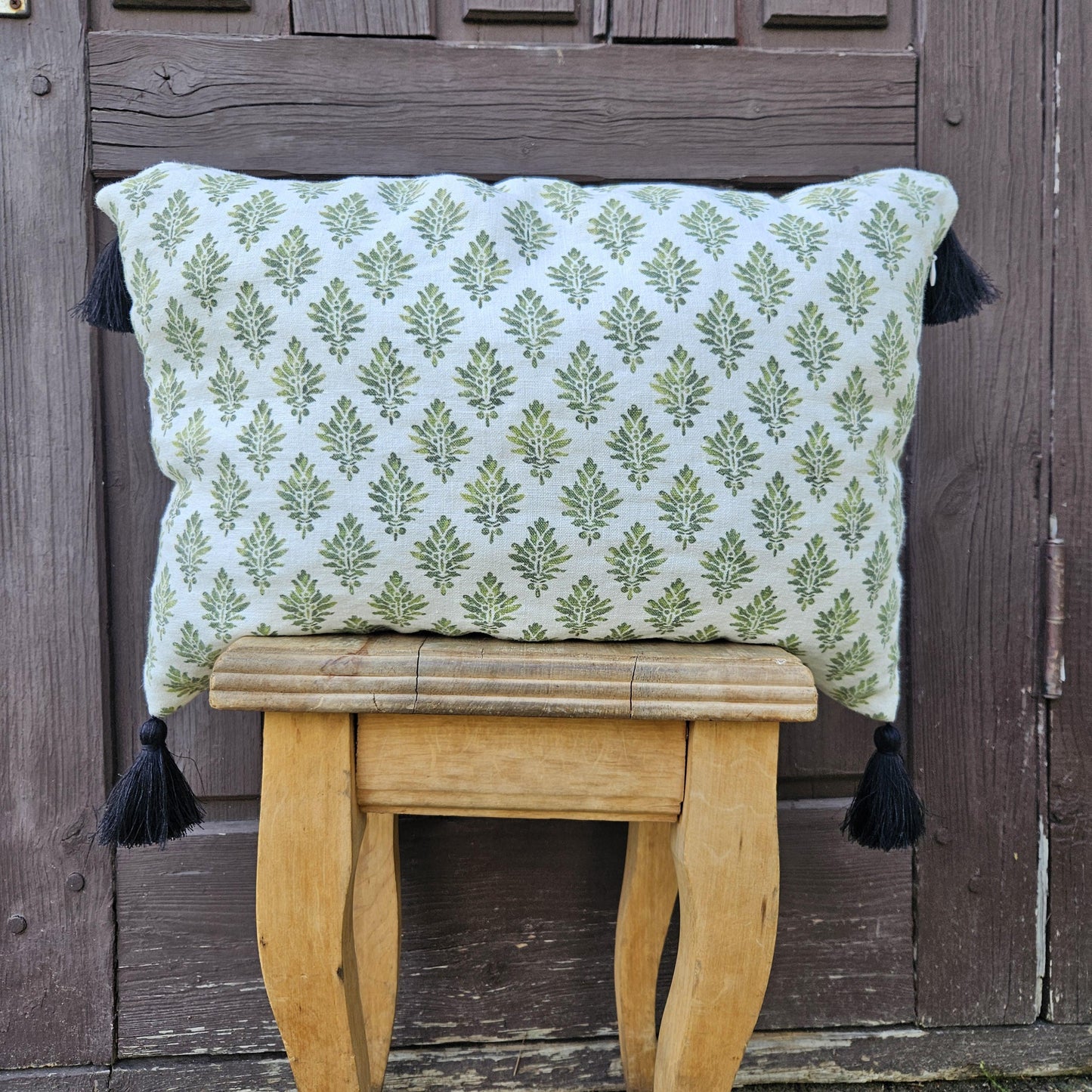 Designer Blovk print Floral on Linen Pillow Cover wiht pompons - white green Boho Pillow - Farmhouse Floral Block printed pillow on flax
