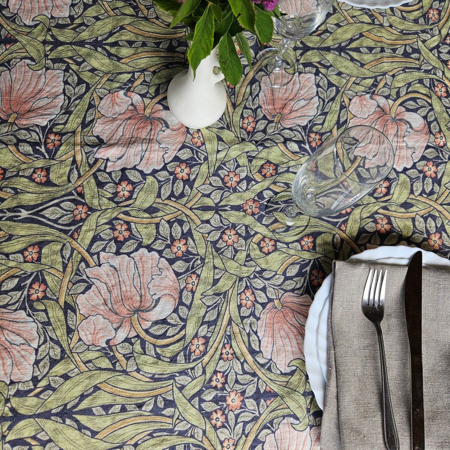 Linen foral tablecloth with birds, william Morris pimpernel tablecloth, arts and crafts movement tablecloth Victorian style