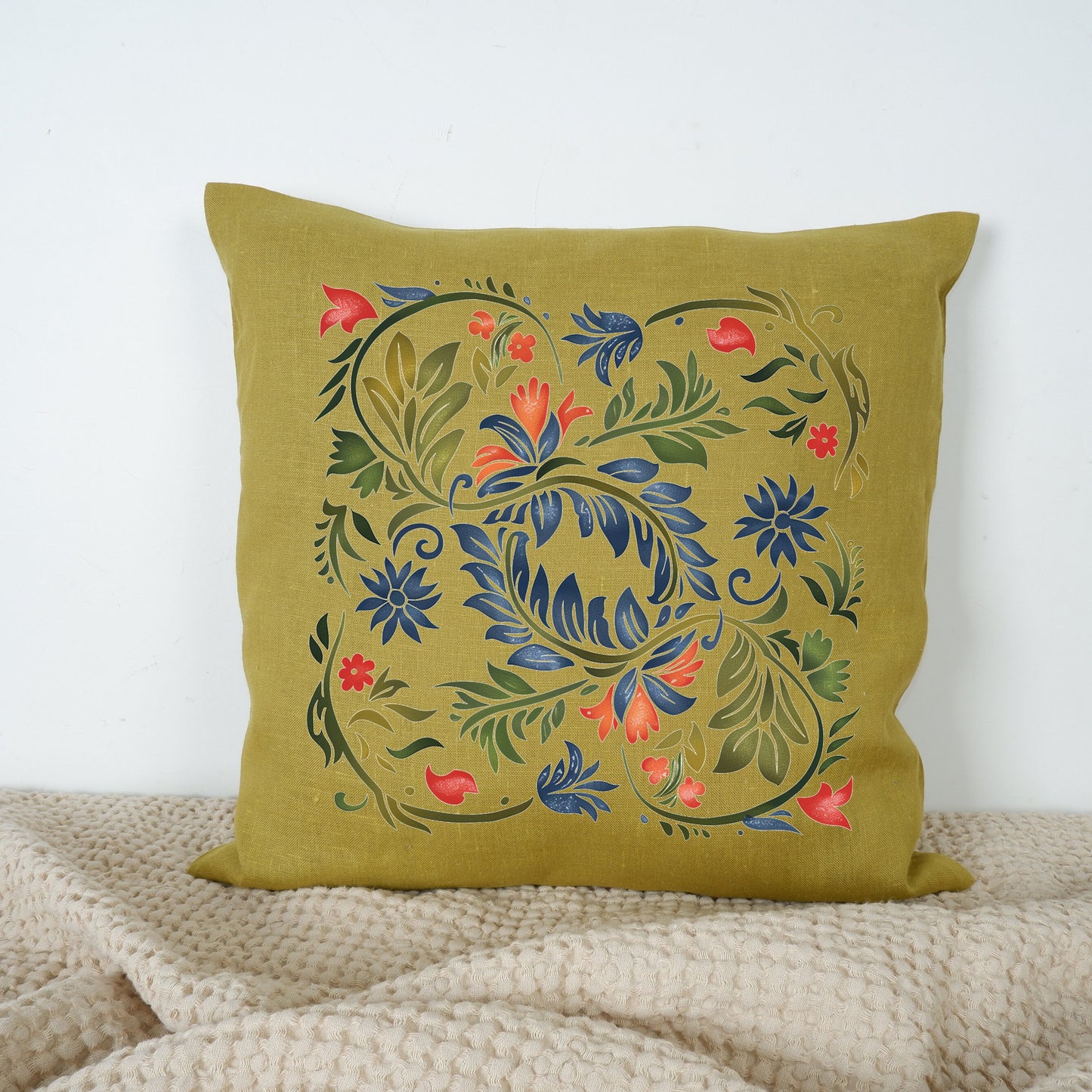 SALE LINEN Cushion cover with botanical print , decorative linen pillow cover with folk art print , Floral Housewarming Gift