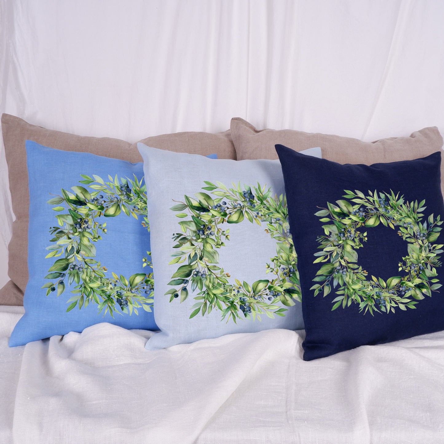 SALE LINEN Cushion cover in blue with greenery wreath , decorative linen pillow cover cushion