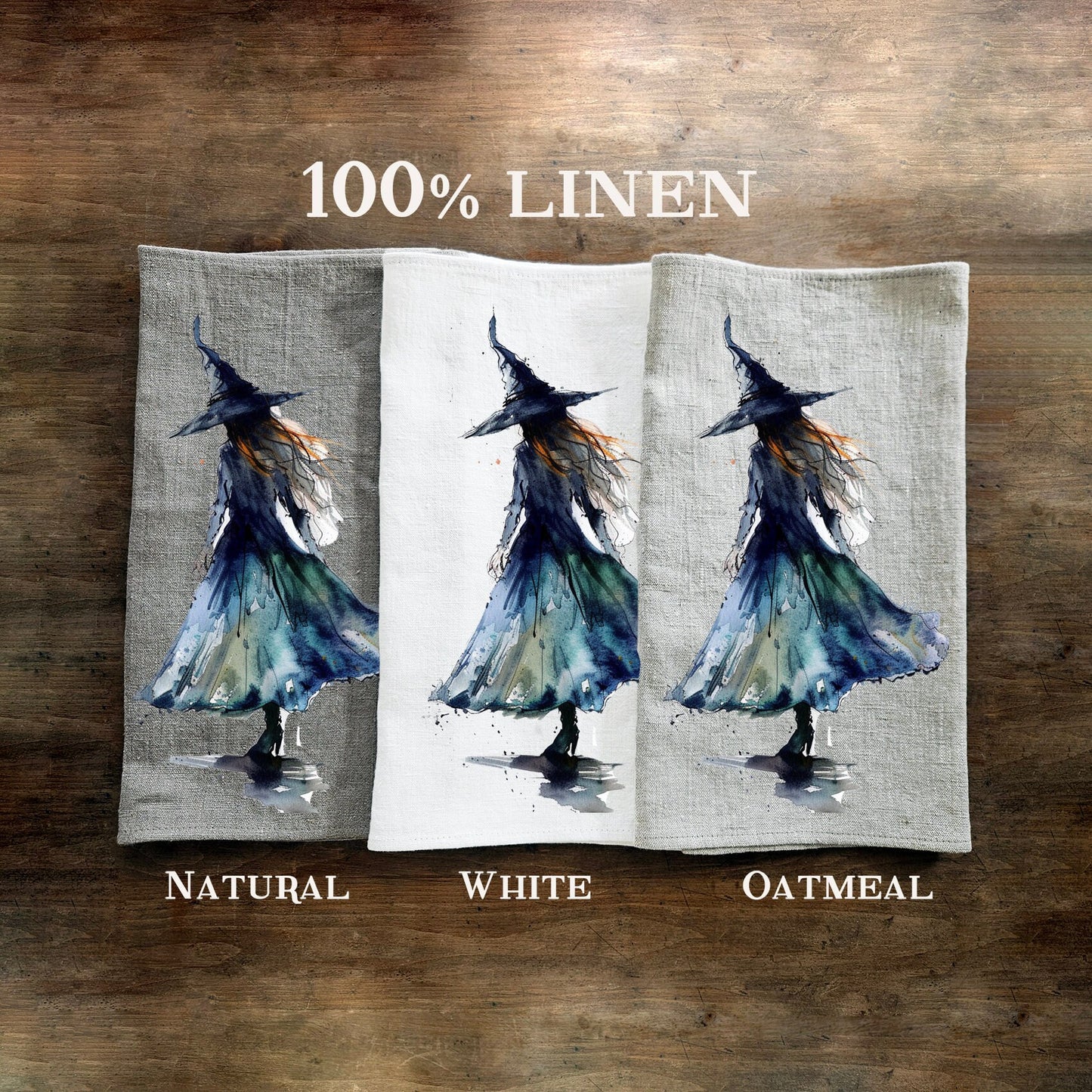 Halloween Tea Towel in linen, Witch Hand Towels Tea in linen, cats linen Dish Towel, witch hat Kitchen Décor Tea Towel in linen