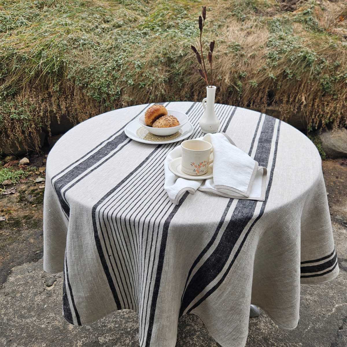 100% Linen Tablecloth in french Provance striped linen for Round table, Table cloth in Natural Linen in custom size